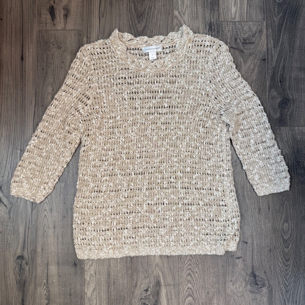 christopher & banks womens knit sweater size m beige 3/4‎ sleeve
